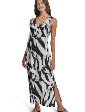 DKNY Linen Maxi Dress Small New Black White Multi Abstract Print